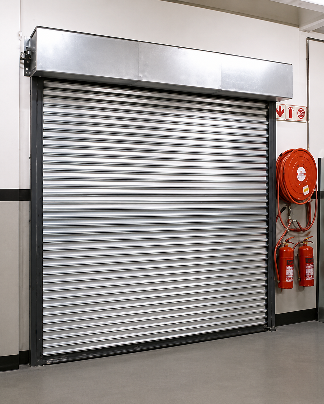 Aluminium rolling shutter installed at commercial entrance — front elevation view